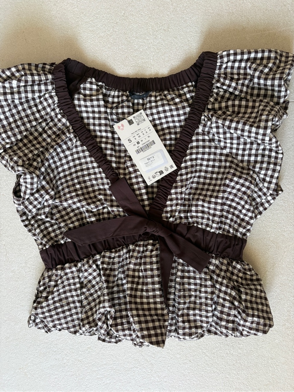 ZARA Gingham Balloon Tie Top